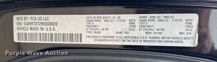 image for item ER0378 2021 RAM 1500 SSV Crew Cab pickup truck