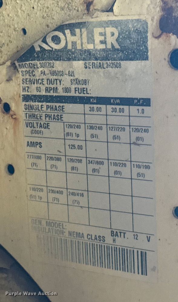 image for item ES5666 Kohler 30RZ62 generator