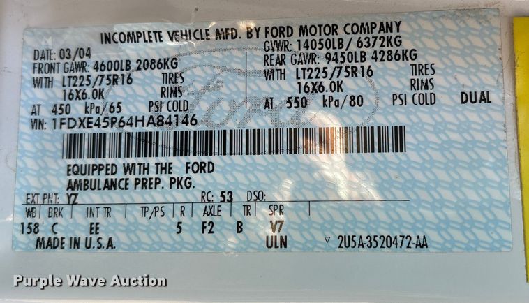 image for item FG2514 2004 Ford E450 Super Duty ambulance