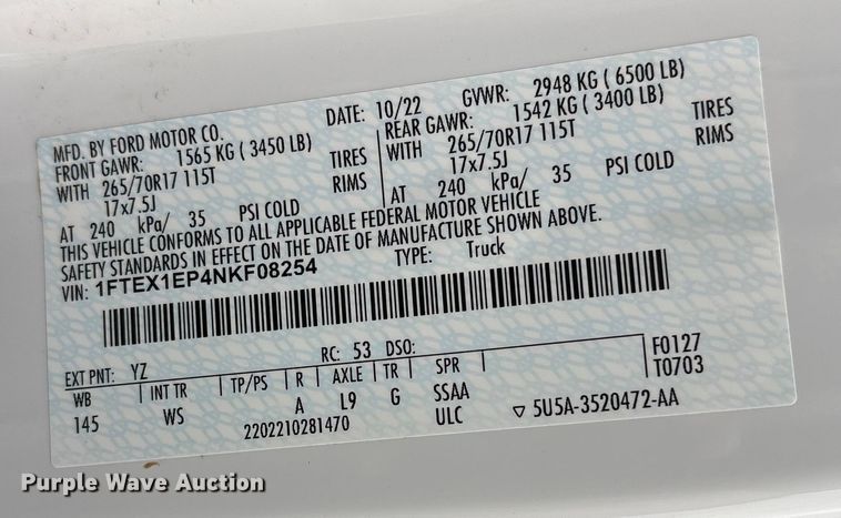 image for item FG2528 2022 Ford F150 Ext. Cab pickup truck