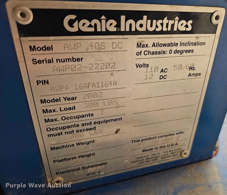 image for item FN5511 2002 Genie AWP-40S vertical lift