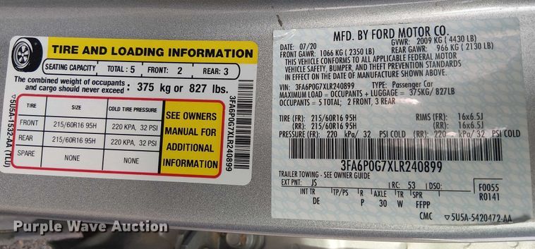 image for item OJ9935 2020 Ford Fusion 