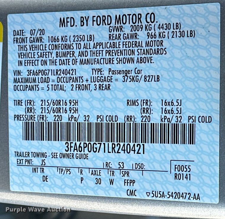 image for item OJ9936 2020 Ford Fusion 