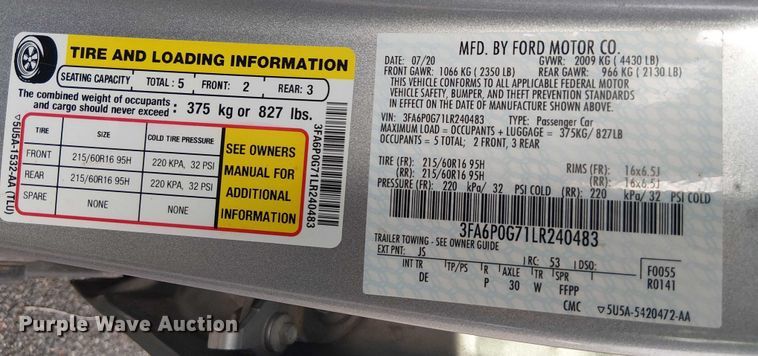 image for item OJ9940 2020 Ford Fusion 