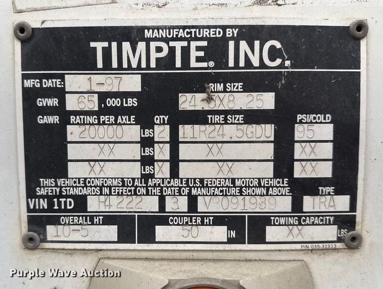 image for item EN0180 1997 Timpte Super hopper grain trailer