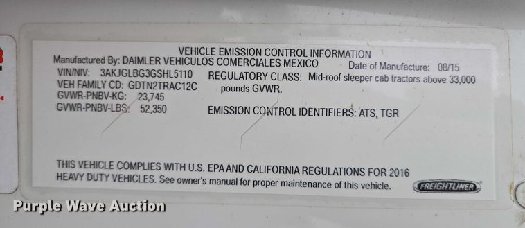 image for item EB1211 2016 Freightliner Cascadia 