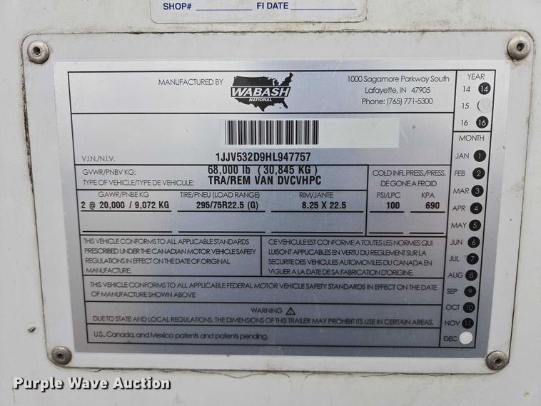 image for item EB1218 2017 Wabash Vans Dry Van Duraplate dry van trailer