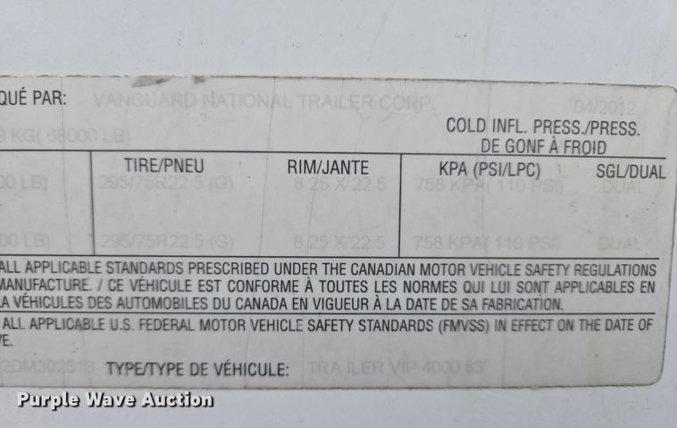 image for item EB1219 2013 Vanguard National Trailer Corporation VIP 4000 dry van trailer