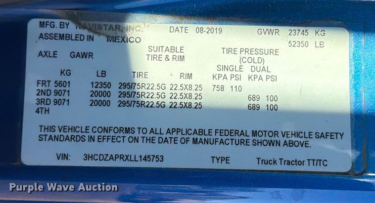 image for item ED5088 2020 International LT625 semi truck