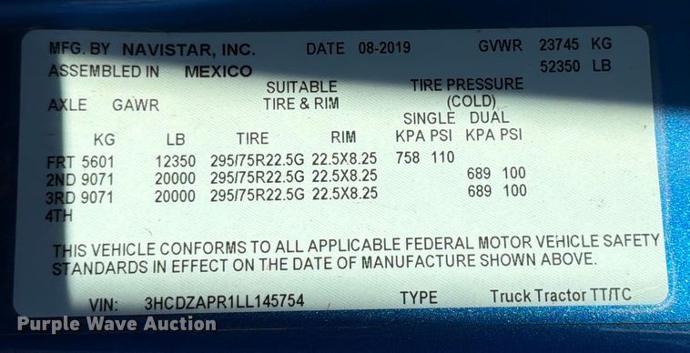 image for item ED5089 2020 International LT625 semi truck