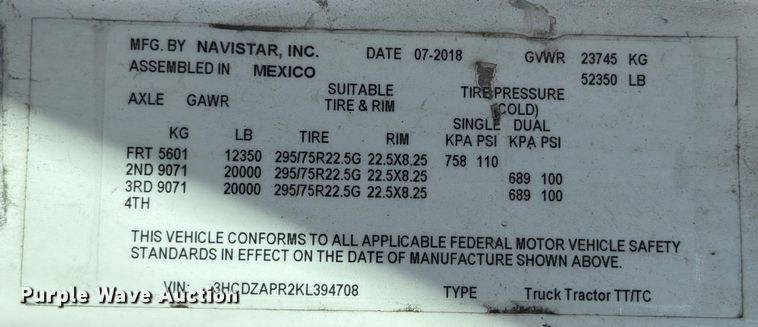 image for item ED5091 2019 International LT625 semi truck