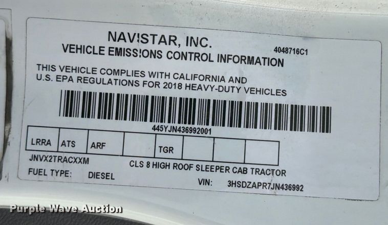 image for item ED5093 2018 International LT625 semi truck