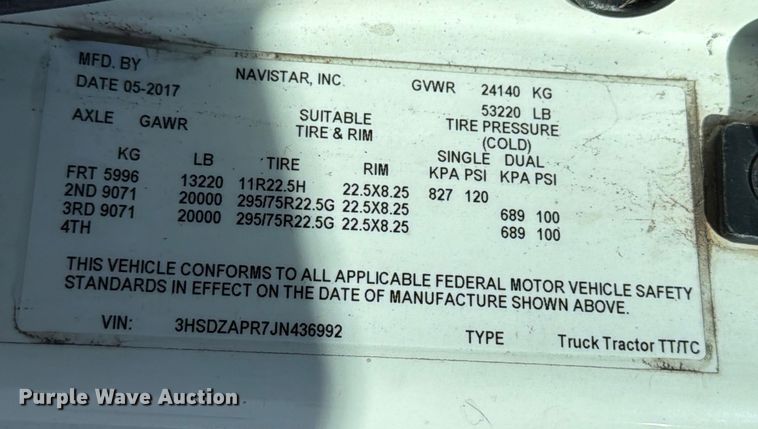 image for item ED5093 2018 International LT625 semi truck