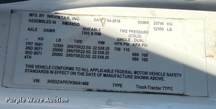 image for item ED5094 2019 International LT625 semi truck