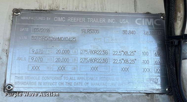 image for item YA1369 2017 CIMC 1RLR5305 refrigerated van trailer