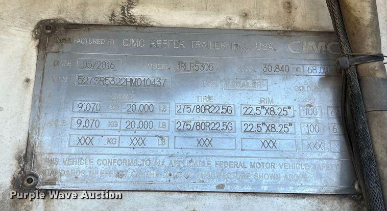 image for item YA1370 2017 CIMC 1RLR5505 refrigerated van trailer