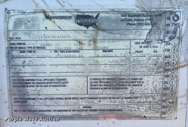 image for item YA1670 1999 Wabash DVCVHPC dry van trailer