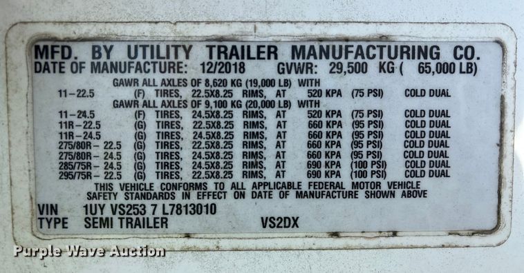 image for item YA1762 2020 Utility VS2DX dry van trailer