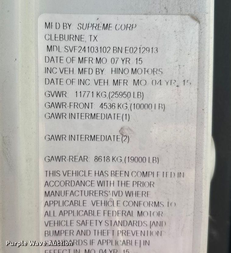 image for item YA1932 2016 Hino 268 box truck