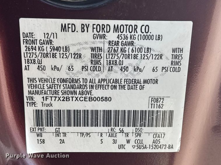 image for item DQ4216 2012 Ford F250 Super Duty Ext. Cab pickup truck