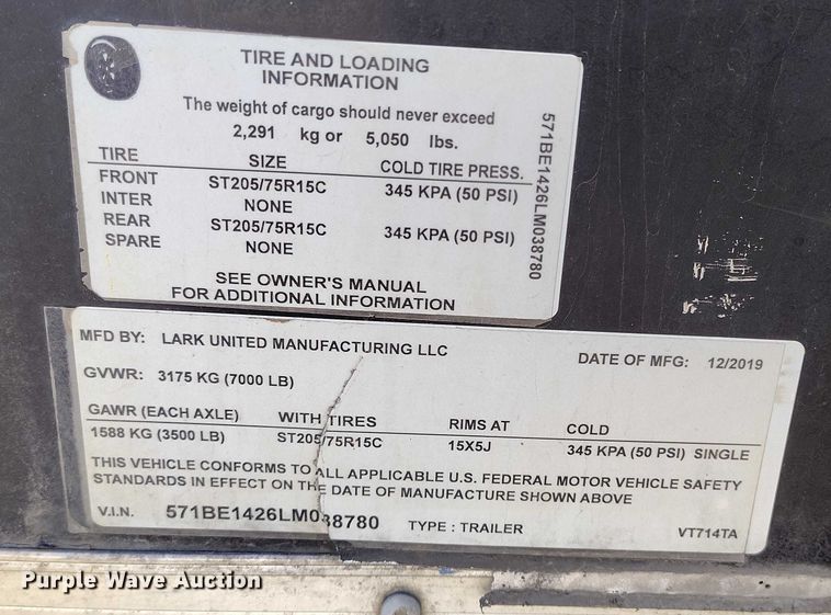 image for item DT0847 2020 Lark United Manufacturing enclosed cargo trailer