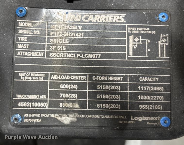image for item DU0358 2017 UniCarriers PF50 forklift