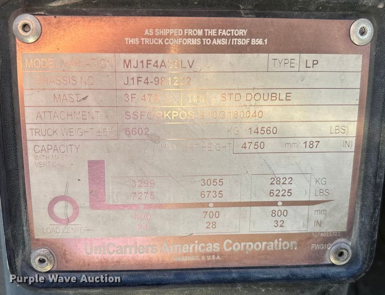 image for item DU0373 2016 UniCarriers PF80YLP forklift