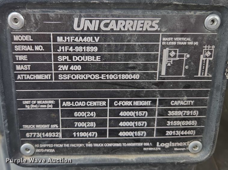 image for item DU2663 2018 UniCarriers PF90YLP forklift