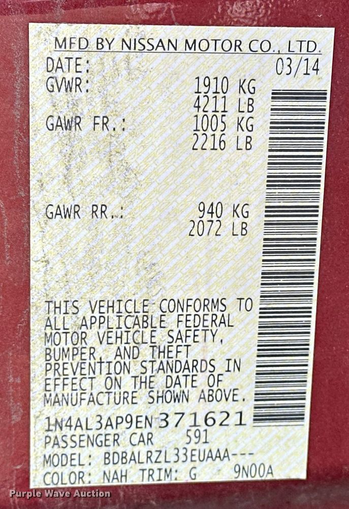 image for item DV0770 2014 Nissan Altima 