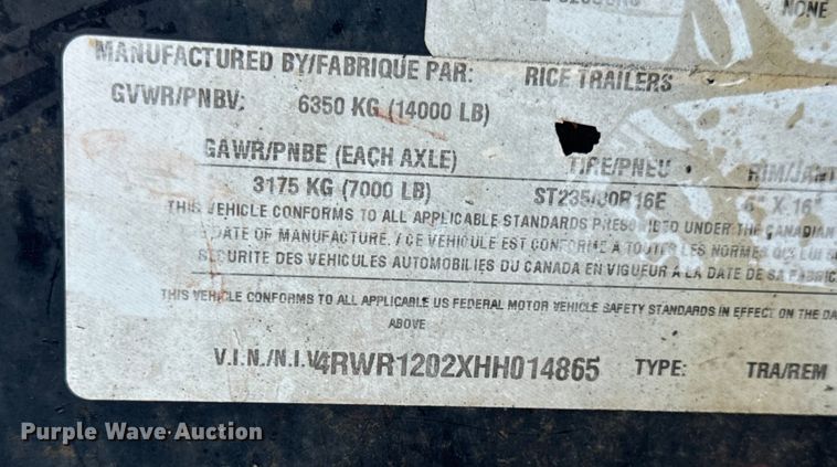 image for item DW6749 2017 Rice FMEH8220 equipment trailer