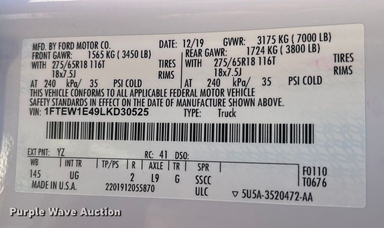 image for item EA2258 2020 Ford F150 Crew Cab pickup truck