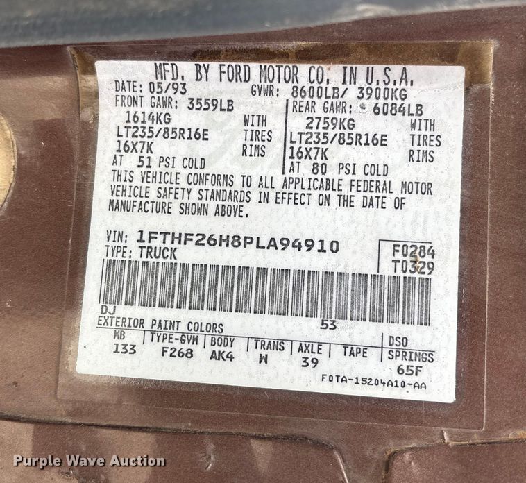 image for item EA2272 1993 Ford F250 XL pickup truck