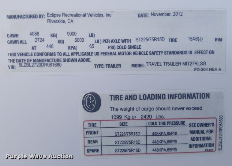 image for item EE5025 2013 Eclipse Recreational Vehicles MIT27RLSG camper
