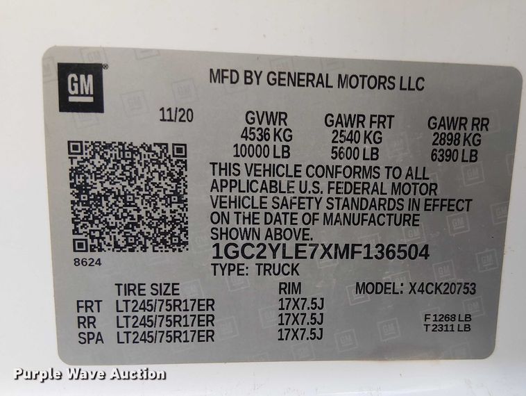 image for item EE5107 2021 Chevrolet Silverado 2500HD Ext. Cab pickup truck