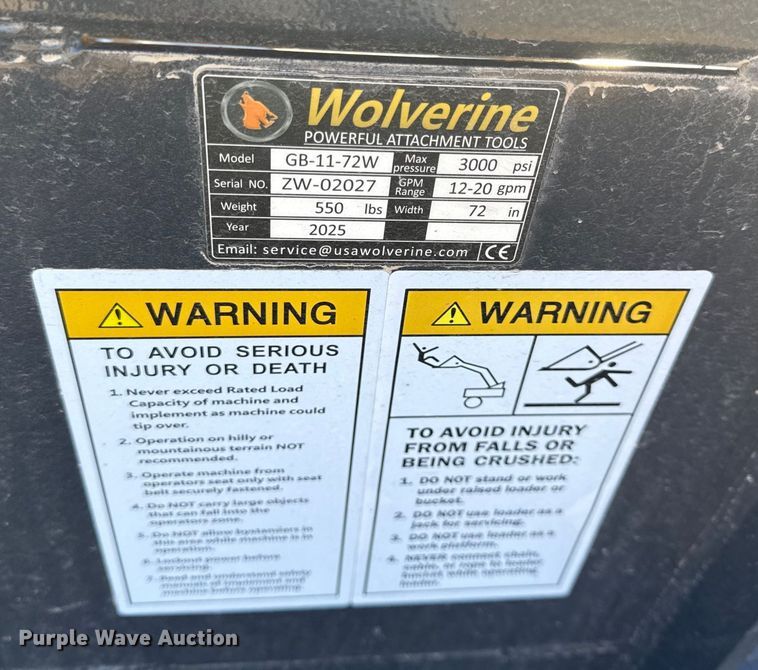 image for item EN0226 2025 Wolverine GB-11-72W skid steer grapple bucket