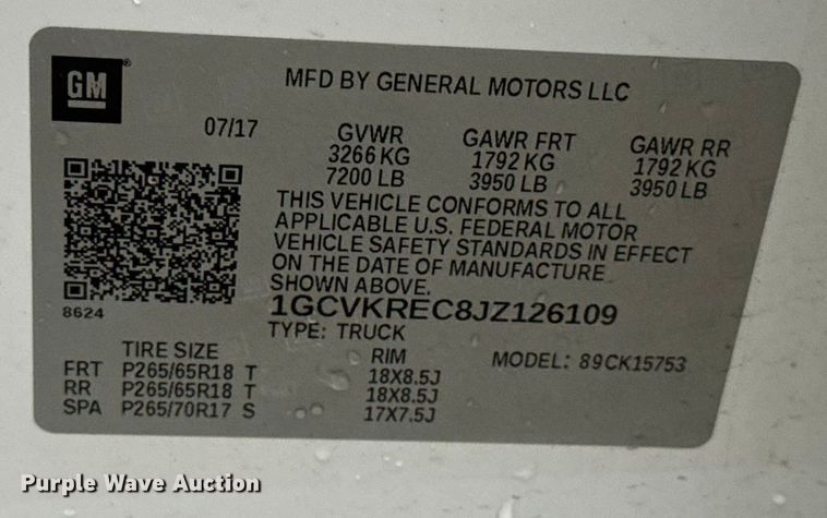 image for item EN0841 2018 Chevrolet Silverado 1500 LT Ext. Cab pickup truck