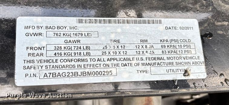 image for item EN5950 2011 Bad Boy MTV 4x4 utility vehicle