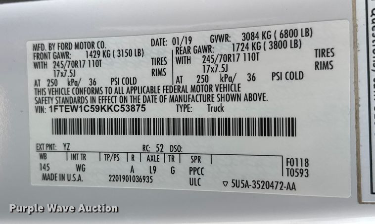 image for item ET4156 2019 Ford F150 Crew Cab pickup truck