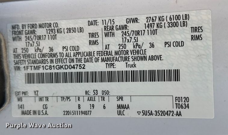 image for item ET4388 2016 Ford F150 pickup truck