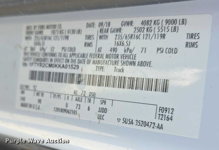 image for item FI0752 2019 Ford Transit 250 van