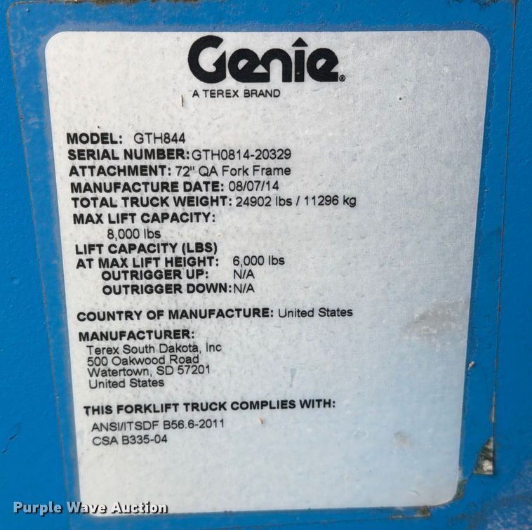 image for item YA1883 2014 Genie GTH-844 telehandler