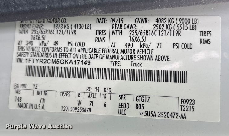 image for item YA1933 2016 Ford Transit 250 van