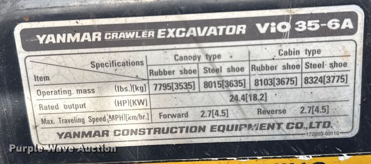 image for item DQ4207 Yanmar VIO35-6A mini excavator