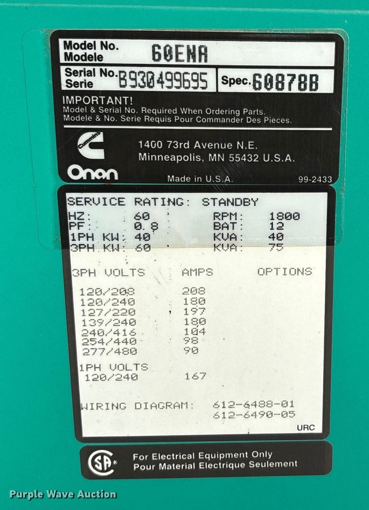 image for item DW7425 Onan 60ENA generator