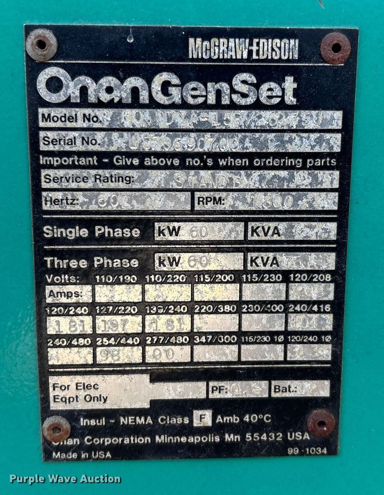 image for item DW7426 Onan generator