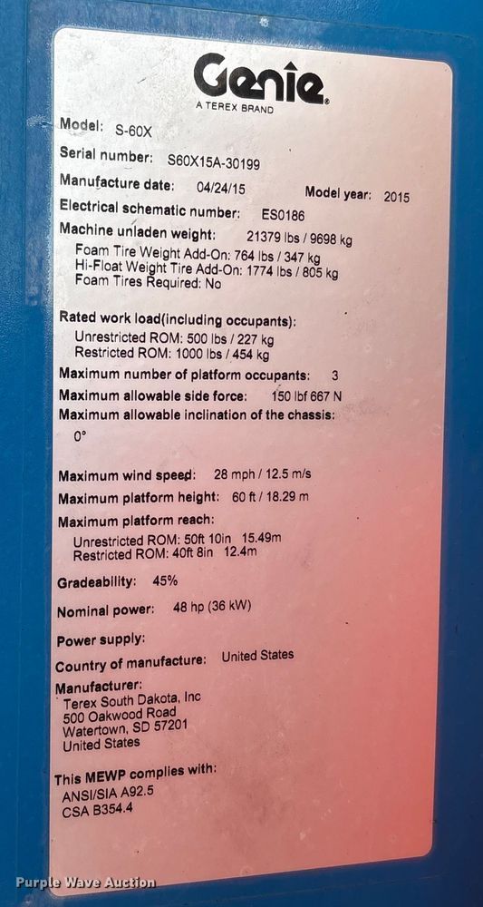 image for item EA7916 2015 Genie S-60X boom lift