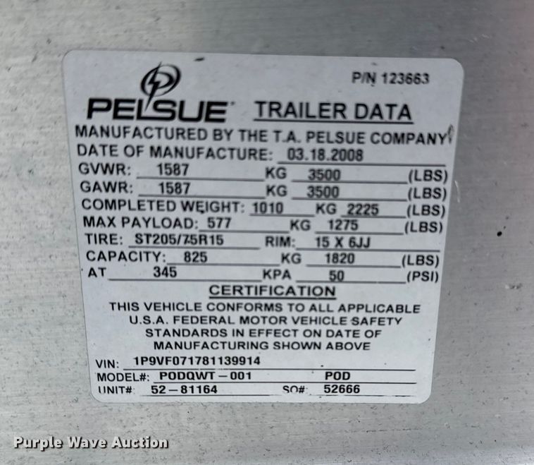 image for item EG1945 2008 Pelsue PODQET-001 fiber optic splicing trailer