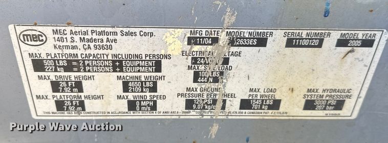 image for item ET4391 2005 MEC 2633ES scissor lift