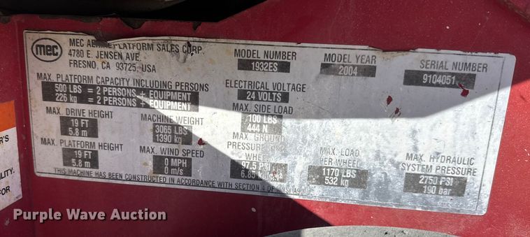 image for item ET4392 2004 MEC 1932ES scissor lift