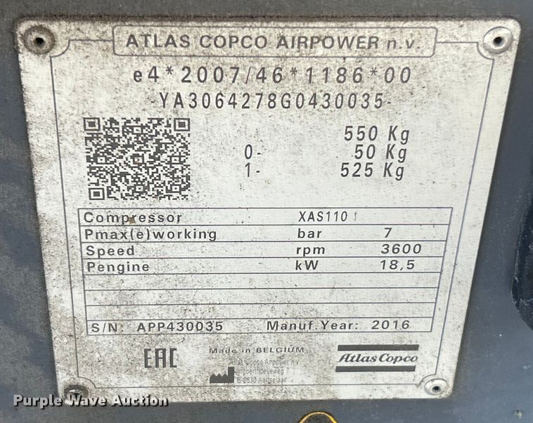 image for item ET6854 2016 Atlas Copco XAS 110 air compressor
